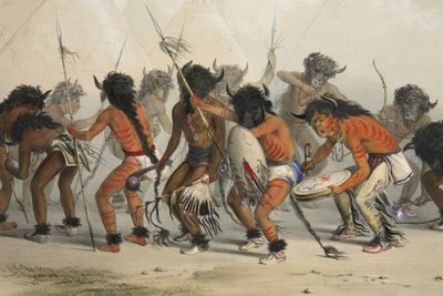 Buffeldans (detail), uit Catlins North American Indian Portfolio. Hunting Scenes and Amusements of the Rocky Mountains and Prairies of America, pub. 1845 door George Catlin